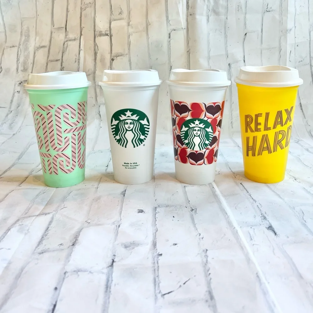 Starbucks Reusable Hot Cups 16oz Set of 4 Travel Mugs Valentine Candy Cane